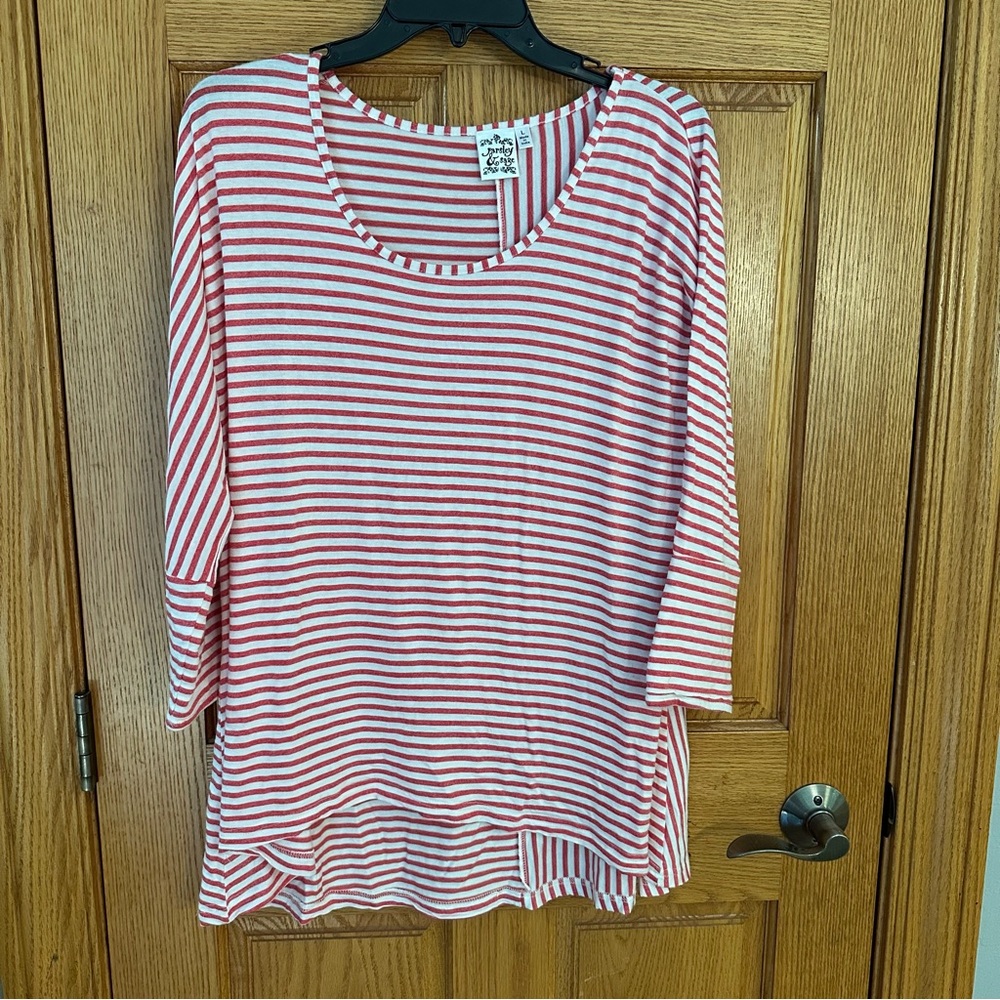 Parsley & Sage Red White Striped Scoop Neck Top LG Soft Stretch Knit Casual Tee.